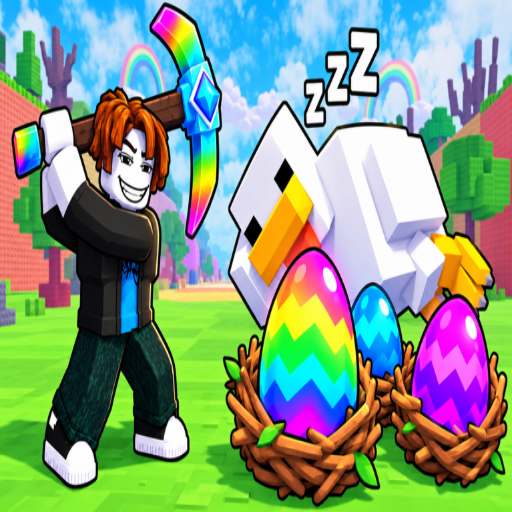 Official Roblox artwork showing a pickaxe, a sleeping chicken and glowing eggs